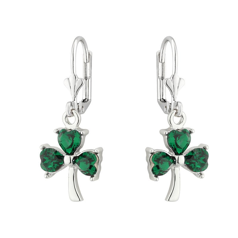 STERLING SILVER GREEN CRYSTAL SHAMROCK DROP EARRINGS S34241