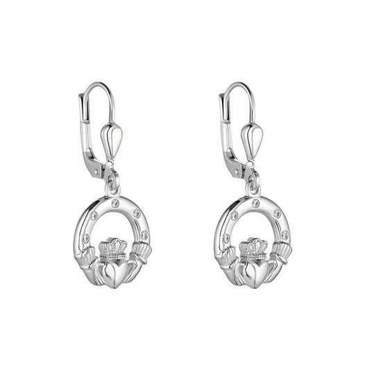 STERLING SILVER FLUSH SET CZ CLADDAGH DROP EARRINGS s34213