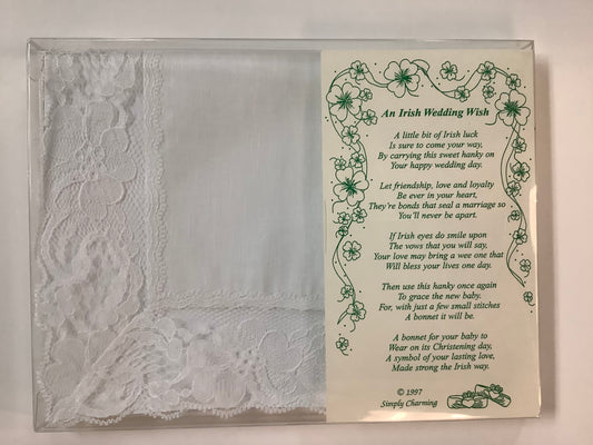 An Irish Wedding Wish Lace Trim Hankie KH313