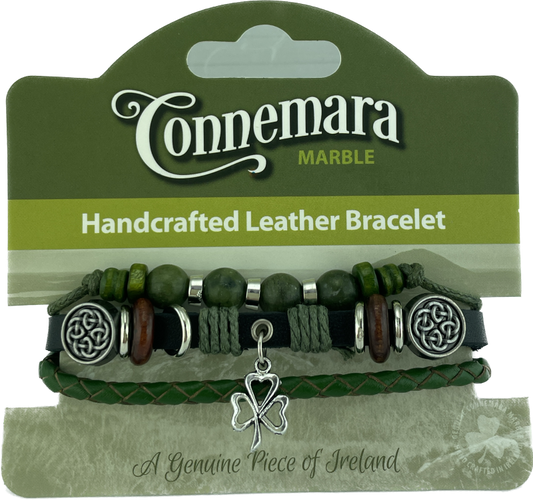 CONNEMARA MARBLE AND LEATHER HIPPY BRACELET Open Shamrock