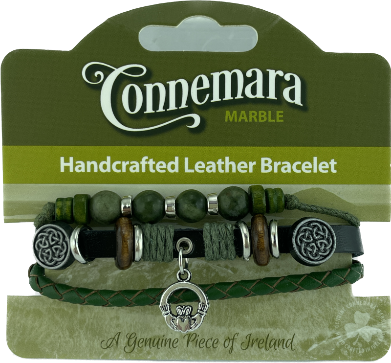 CONNEMARA MARBLE AND LEATHER HIPPY BRACELET CLADDAGH