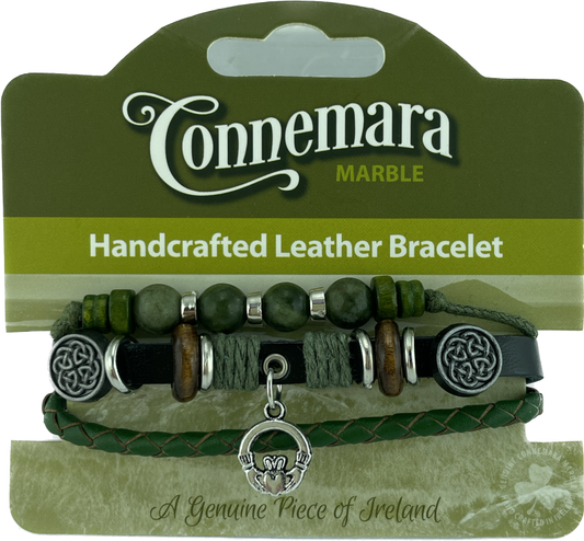 CONNEMARA MARBLE AND LEATHER HIPPY BRACELET CLADDAGH