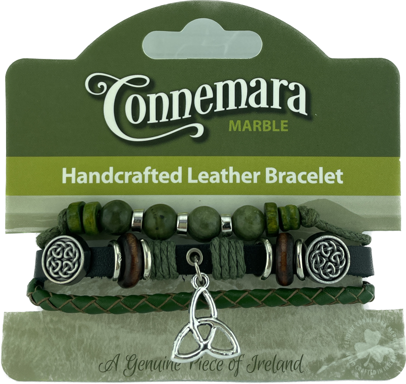 CONNEMARA MARBLE AND LEATHER HIPPY BRACELET TRINITY KNOT