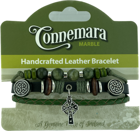 CONNEMARA MARBLE AND LEATHER HIPPY BRACELET CELTIC CROSS