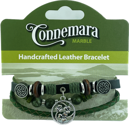 CONNEMARA MARBLE AND LEATHER HIPPY BRACELET SHAMROCKS