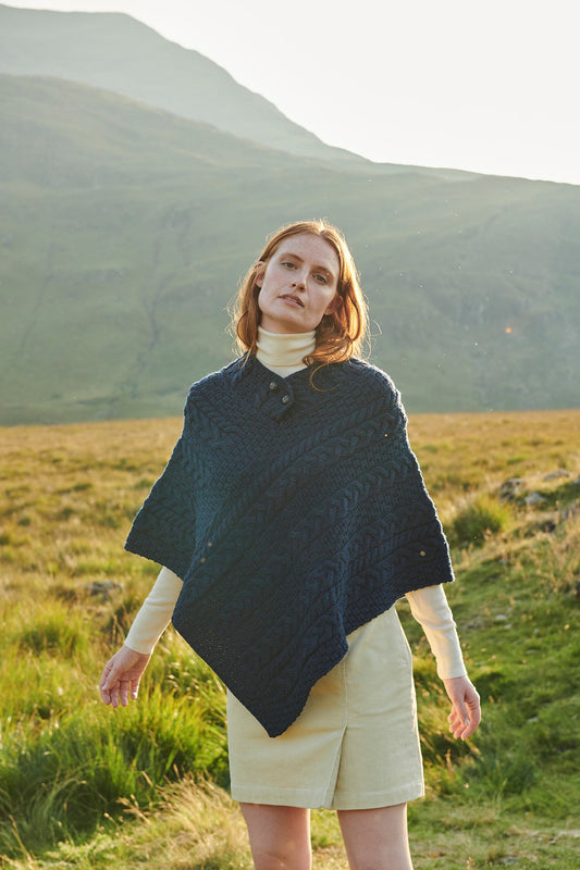 A200 Aran Poncho with Front Button Detail