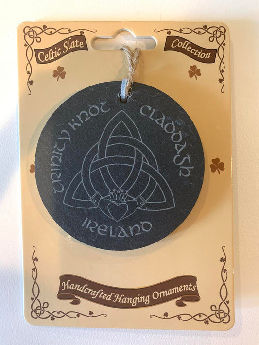 SLATE H/ORNAMENT ROUND- TRINITY KNOT CLAD.