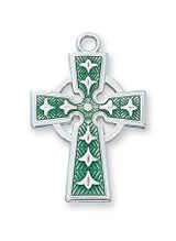 STERLING SILVER GREEN EPOXY CELTIC CROSS. 18" STAINLESS STEEL CHAIN L8083E