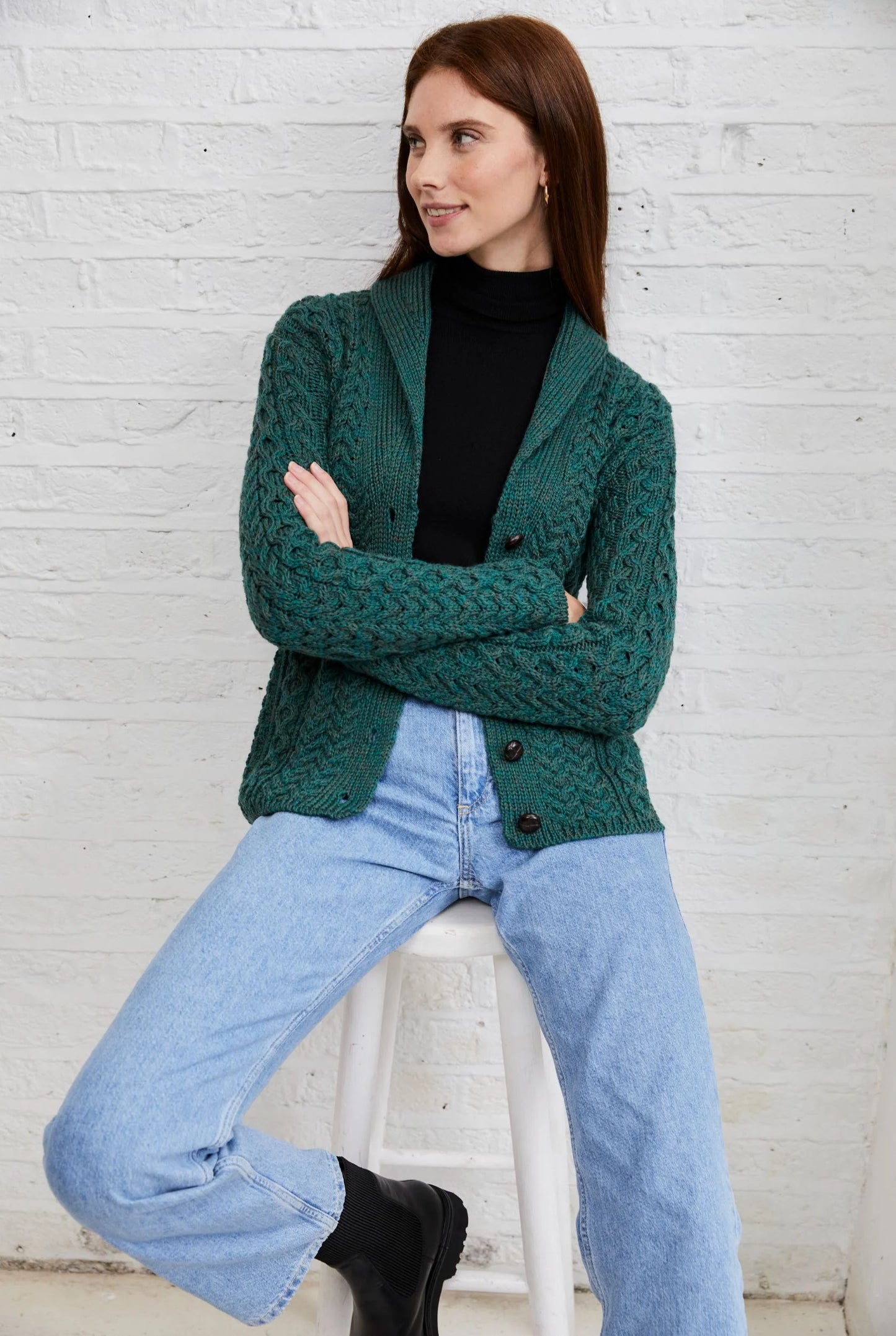 Tourmakeady Shawl Collar Aran Cardigan - Green B164