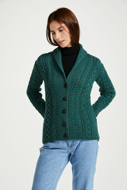 Tourmakeady Shawl Collar Aran Cardigan - Green B164