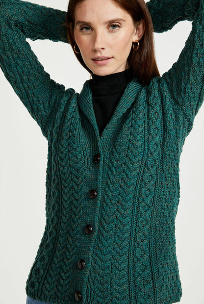 Tourmakeady Shawl Collar Aran Cardigan - Green B164