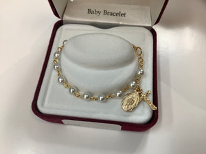 Baby Gold Tone Rosary Bracelet with medal and cross
