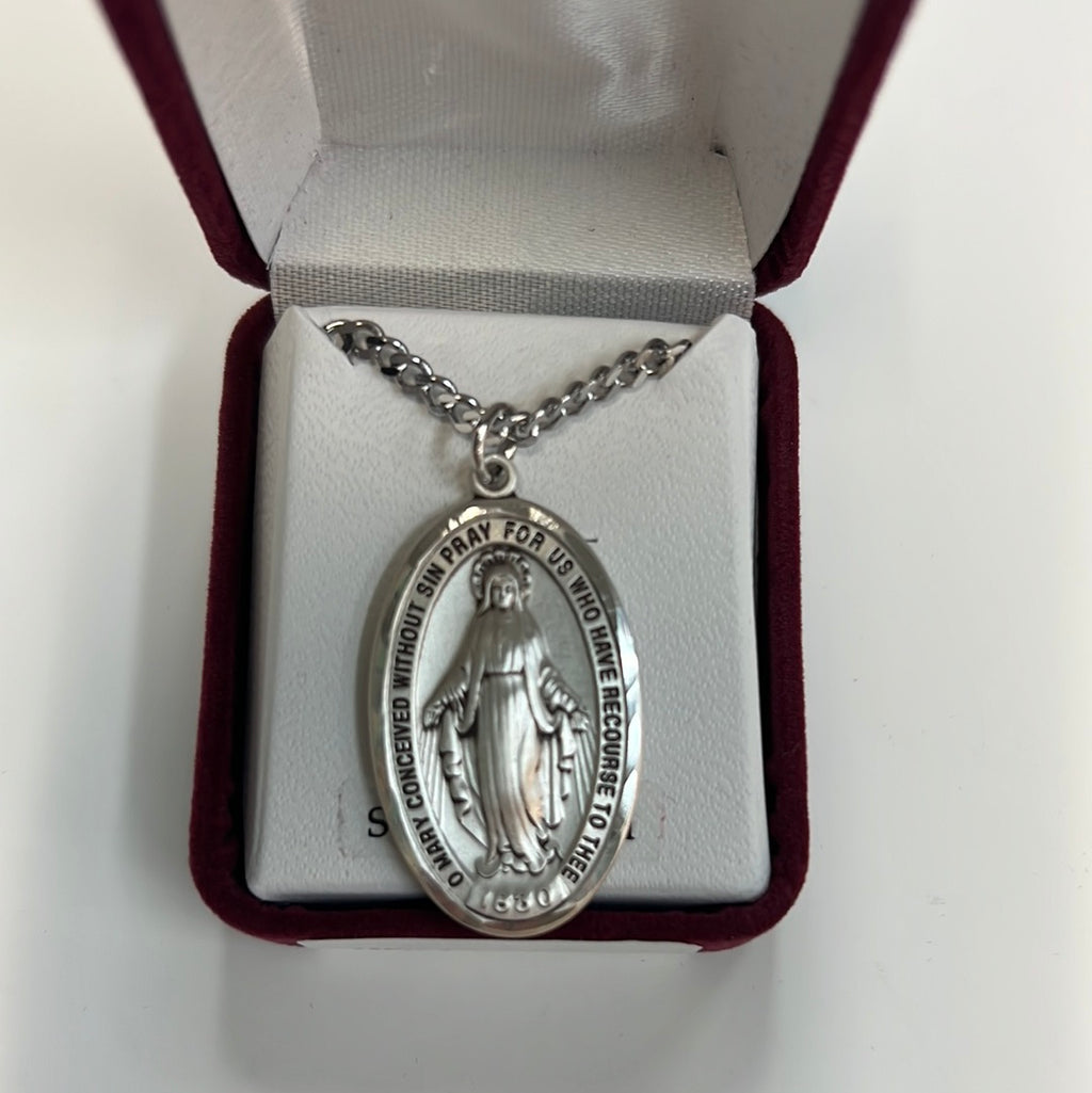 Large Sterling Silver Miraculous Medal 24” chain LMG1