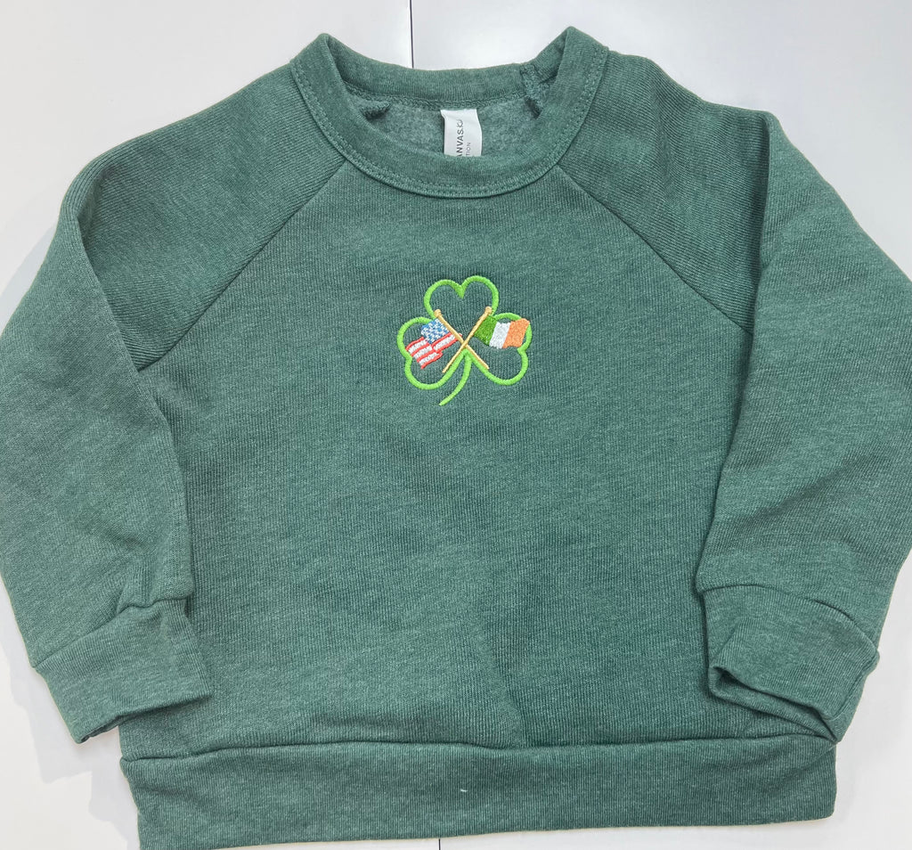 Toddler Crew neck Sweater embroidered Shamrock with American and Irish flag