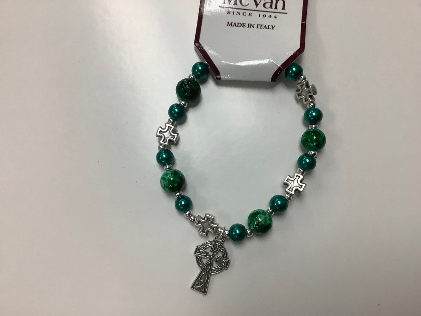 Stretch Green Bracelet with Celtic cross