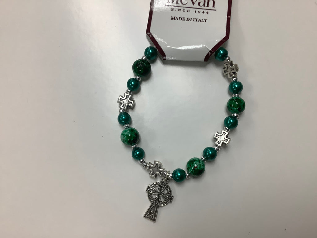 Stretch Green Bracelet with Celtic cross