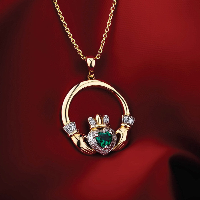 14K GOLD EMERALD & DIAMOND CLADDAGH NECKLACE S46531