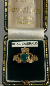 14k Gold Claddagh Ring with Real Emerald