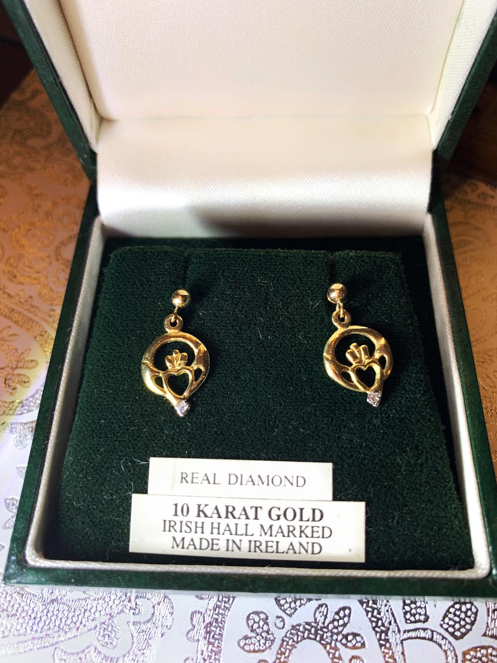 10K Gold Claddagh Earrings with Real Diamond