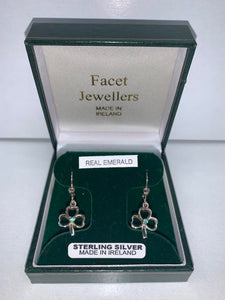 Silver Hanging Shamrock Cutout Earrings with Green Emerald