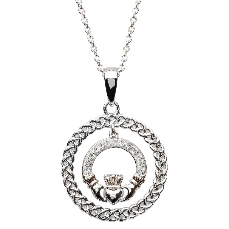 SILVER CELTIC CLADDAGH NECKLACE ENCRUSTED WITH SWAROVSKI CRYSTALS C876