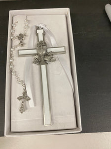 White enameled chalice cross with rosary