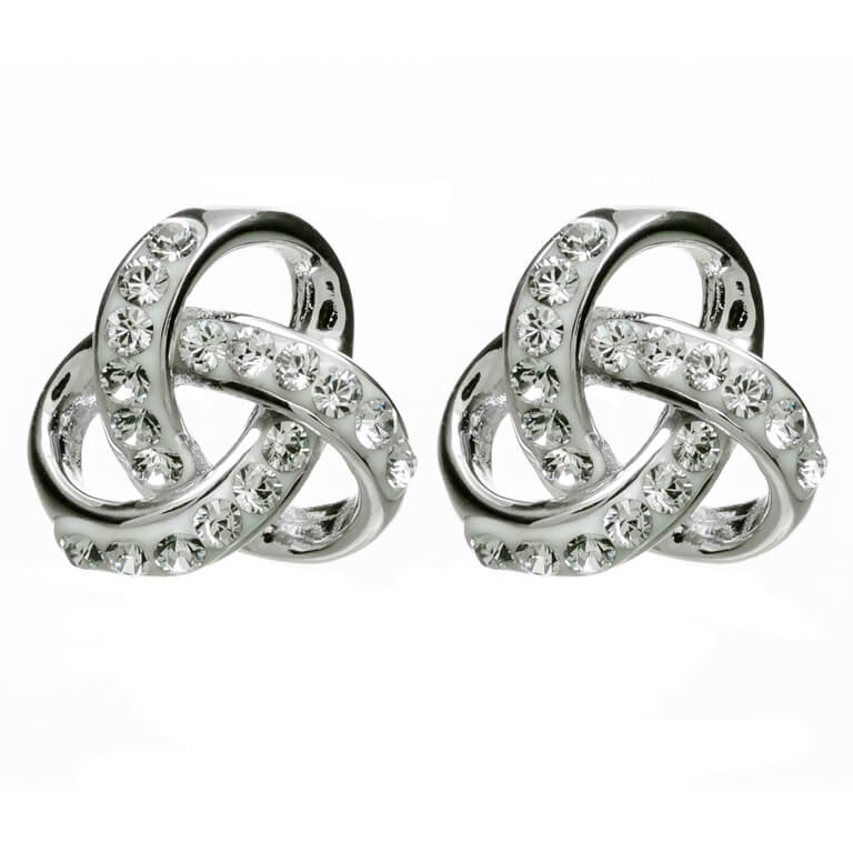 Silver Trinity Knot Earrings Encrusted With White Crystal