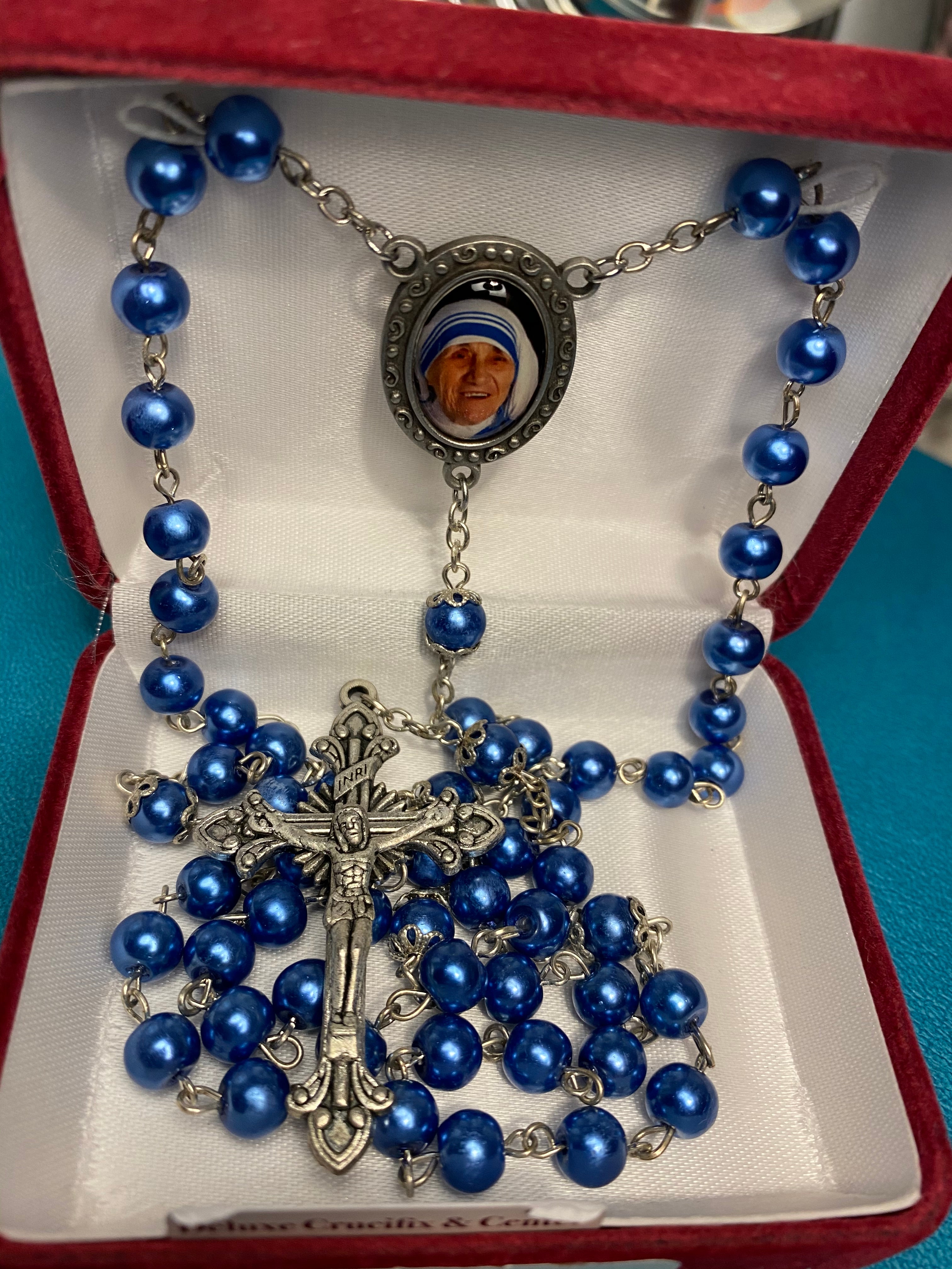 Mother Teresa blue pearl rosary R623DF