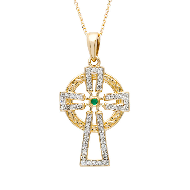 14K Gold Emerald Diamond Cross