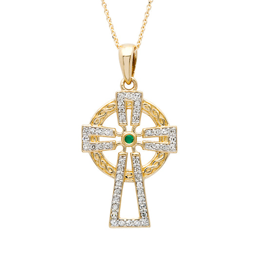 14K Gold Emerald Diamond Cross