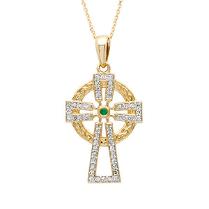 14K Gold Emerald Diamond Cross
