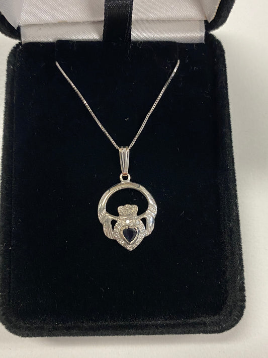 White Gold Claddagh Pendant with Diamonds and Stone