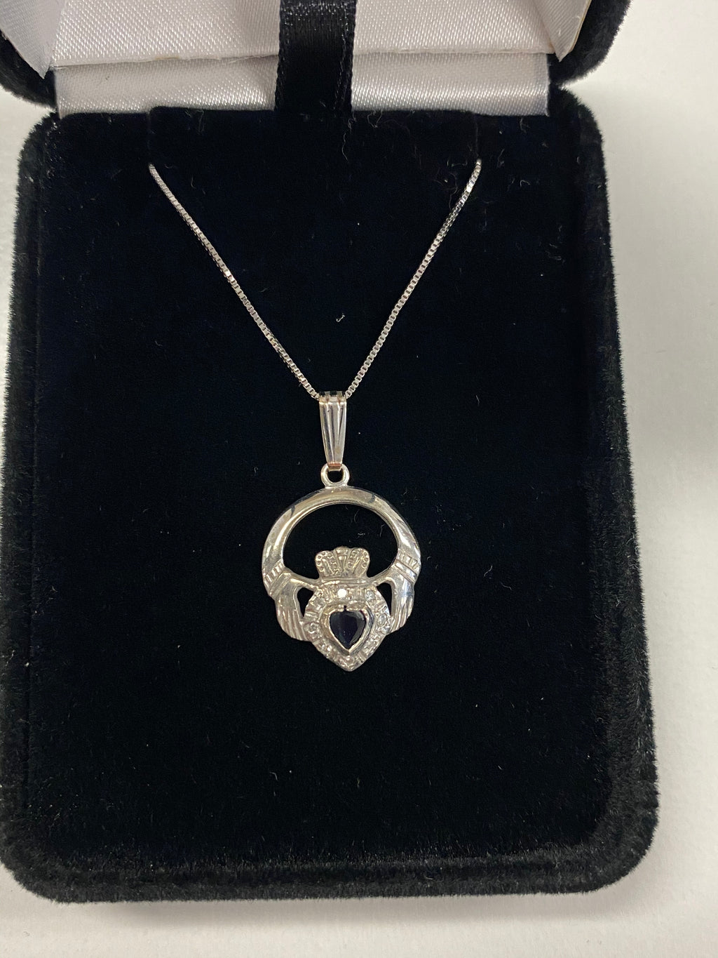 White Gold Claddagh Pendant with Diamonds and Stone