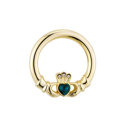 GOLD PLATED GREEN CRYSTAL HEART CLADDAGH BROOCH