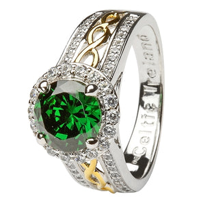 Sterling Silver and Gold Plated Green CZ Halo Ring LS-SL100GRCZ