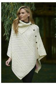Cowl Neck Poncho with Buttons in Natural CW4784