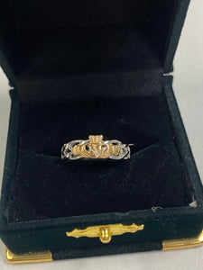 14K White and Yellow Gold Diamond Claddagh Ring on Celtic Band