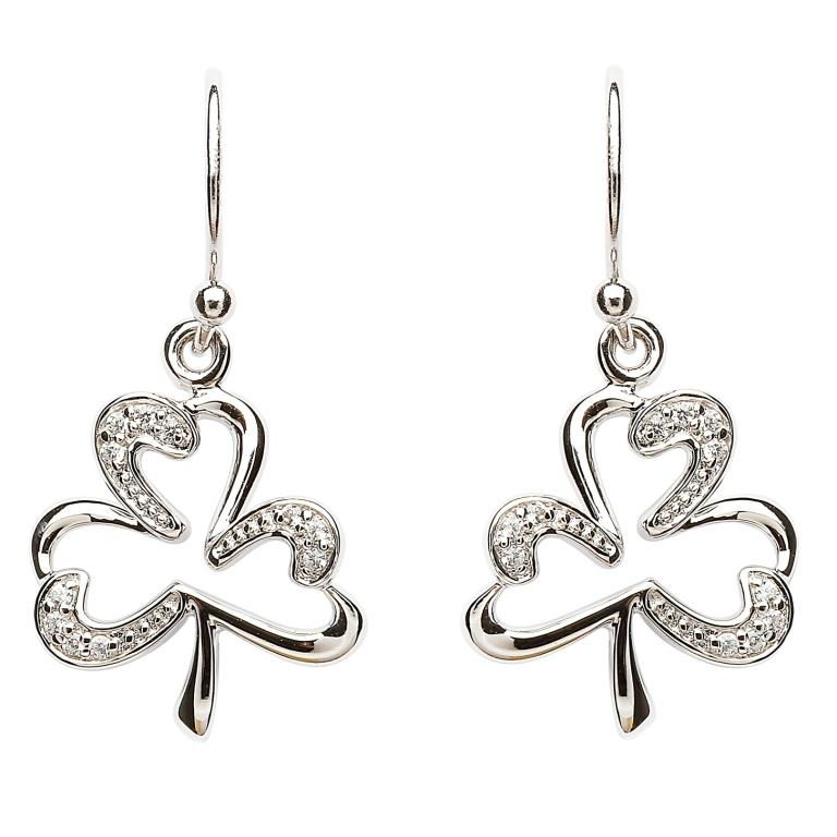 Silver Stone Set Open Shamrock Earrings