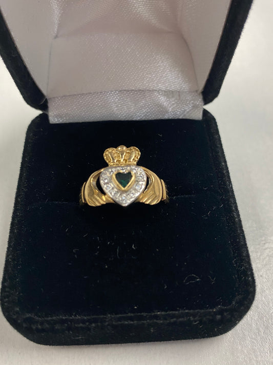 Gold Claddagh Pendant with Synthetic Emerald
