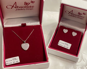 Silver heart pendant and earrings