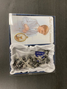 Metallic rosary with prayer card boy