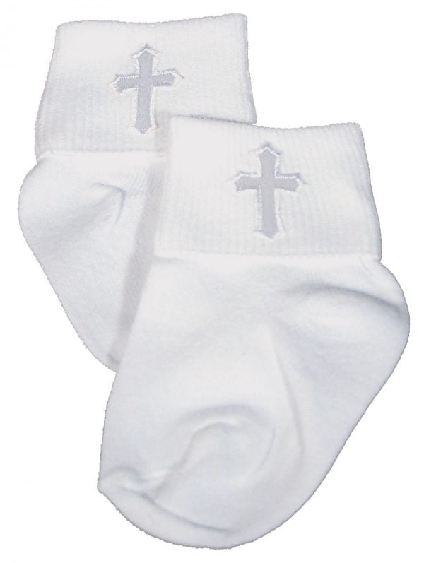 2005CRNB Unisex White Cotton Anklet Socks with Embroidered Cross