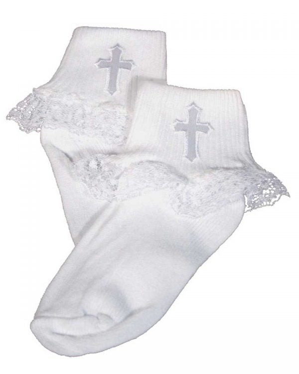 2106CR Girls White Anklet Socks with Embroidered Cross Applique and Lace