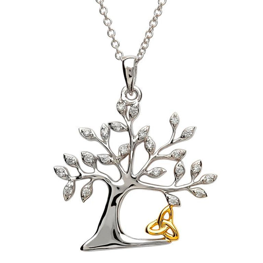 SILVER TREE OF LIFE PENDANT WTH ENCRUSTED CRYSTALS WITH GOLD PLATED TRINITY KNOT tr231