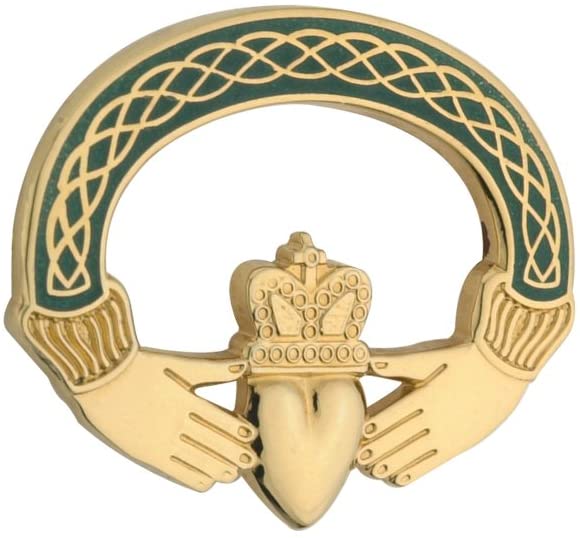 Green Claddagh Gold Plated Brooch