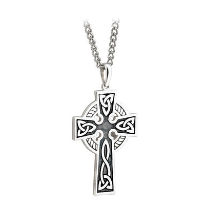 SLVER DOUBLE SIDED OXIDISED CROSS ON STEEL CHAIN S44764