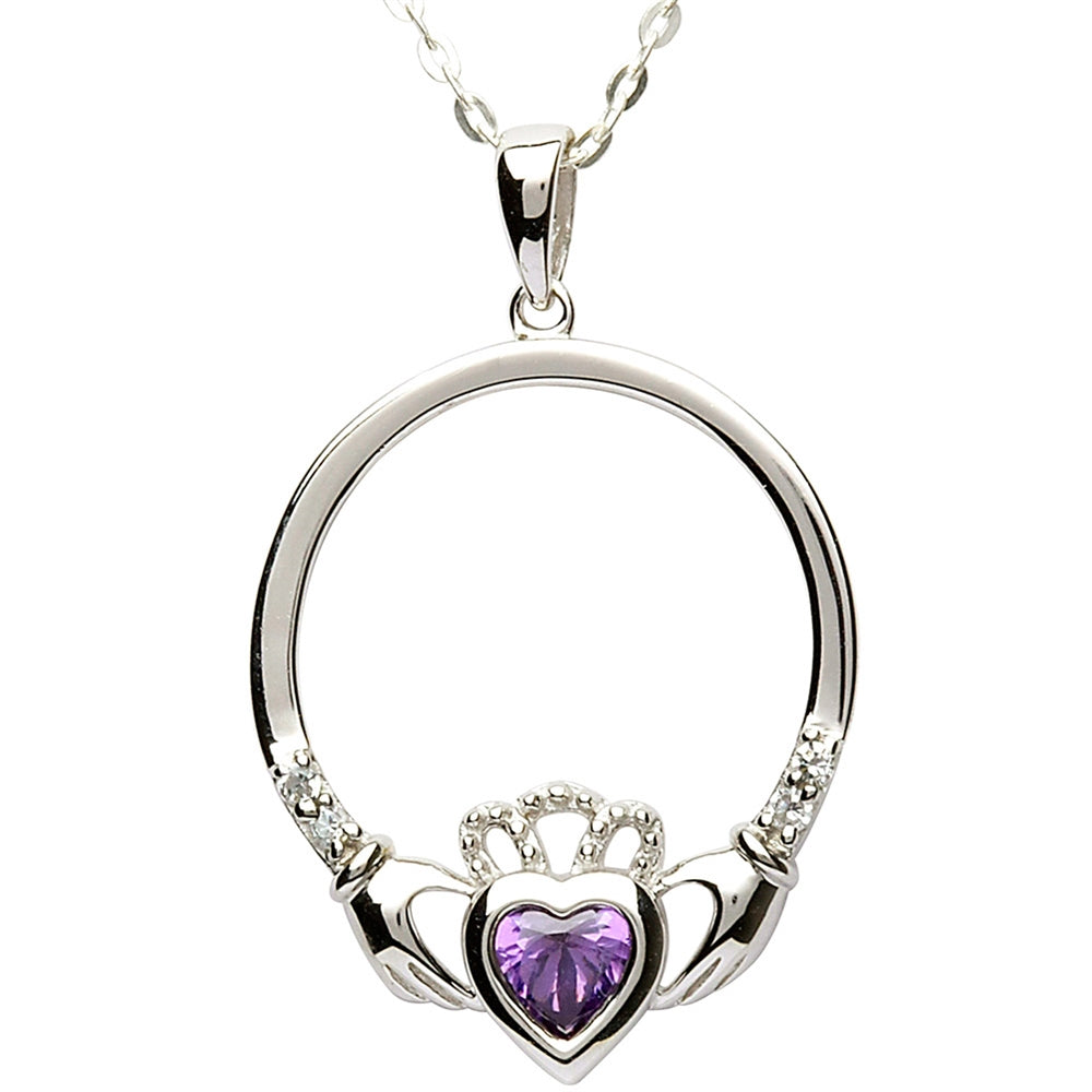 Silver Claddagh February Birthstone Pendant