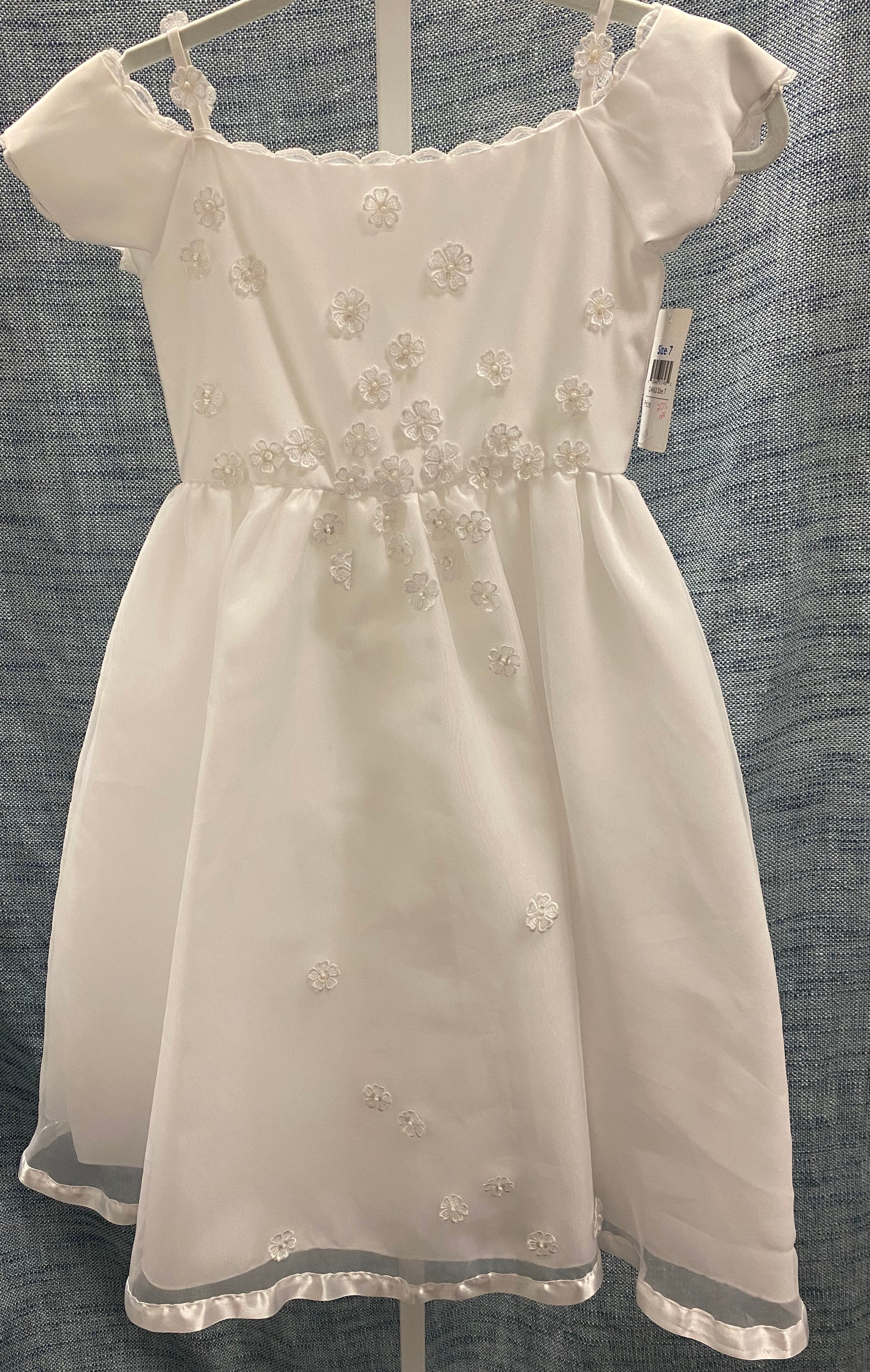 White dress with flower and pearl design #D4963