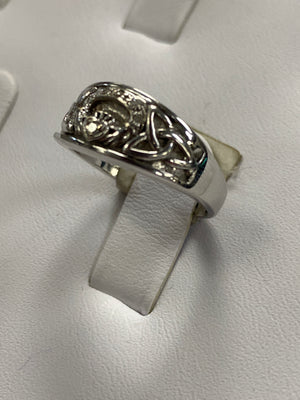 Unique white gold claddagh with trinity on sides and diamonds