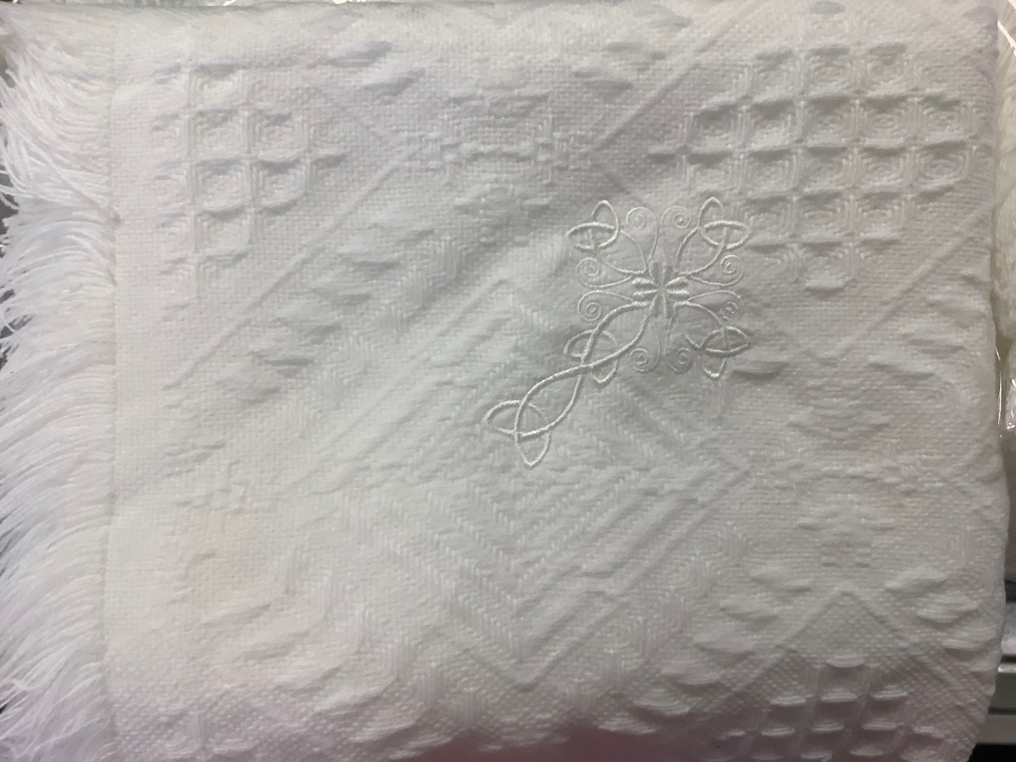 Embroidered white Celtic cross blanket WCC1